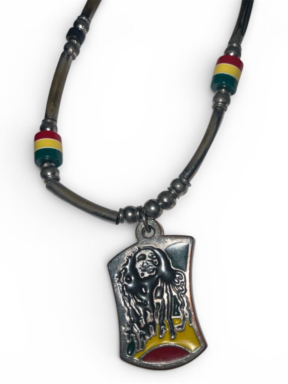 18” Rasta Reggae Beaded Pendant Necklace Silver Tone Red Yellow Green